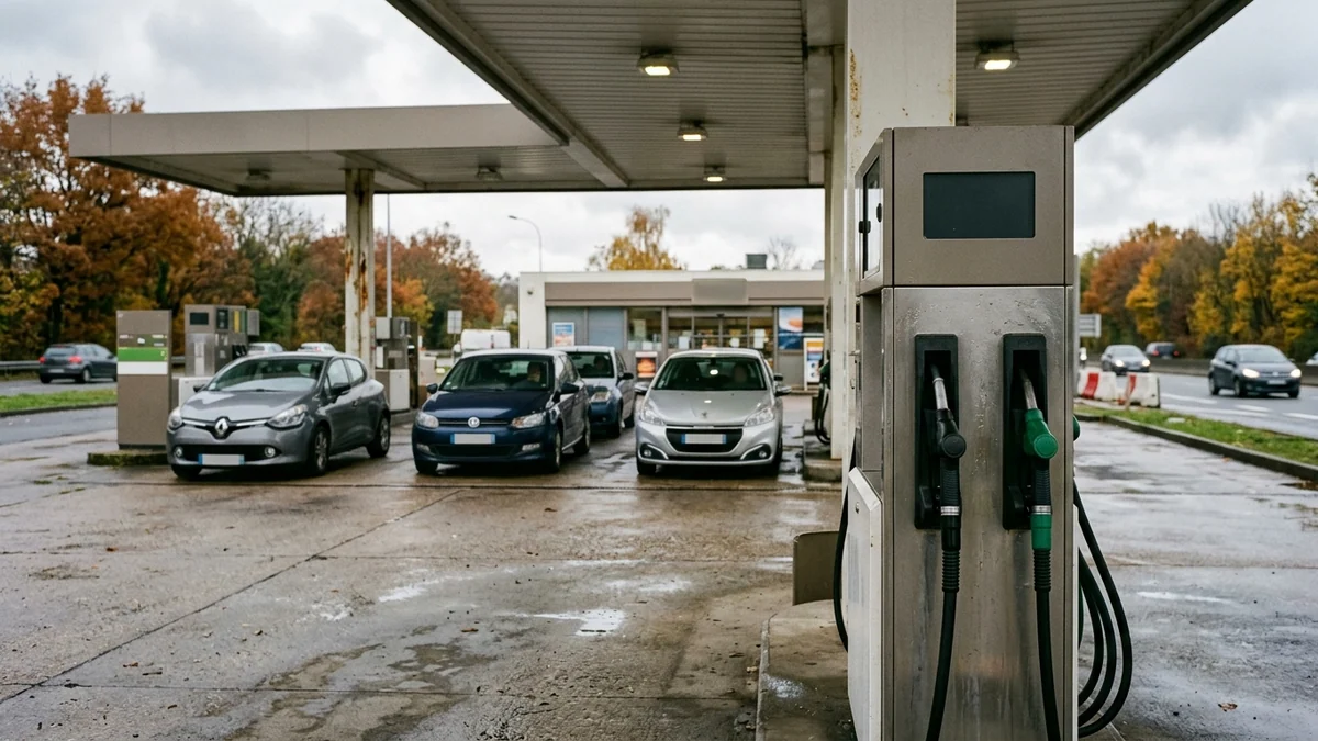 Aide financière sur le carburant — file d'automobiles attendant devant les pompes d'une station-service sous un ciel d'automne voilé.