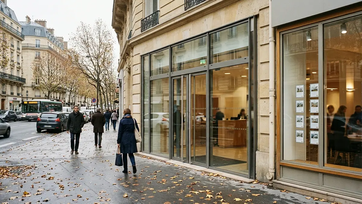 Demande de crédit immobilier en zone euro — façade vitrée d'une agence bancaire et vitrine d'agence immobilière dans une rue commerçante à l'automne.