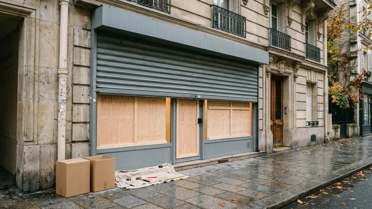 Commerces sinistrés après les dégradations — devanture de boutique protégée par des panneaux de contreplaqué sous un rideau métallique à demi relevé.