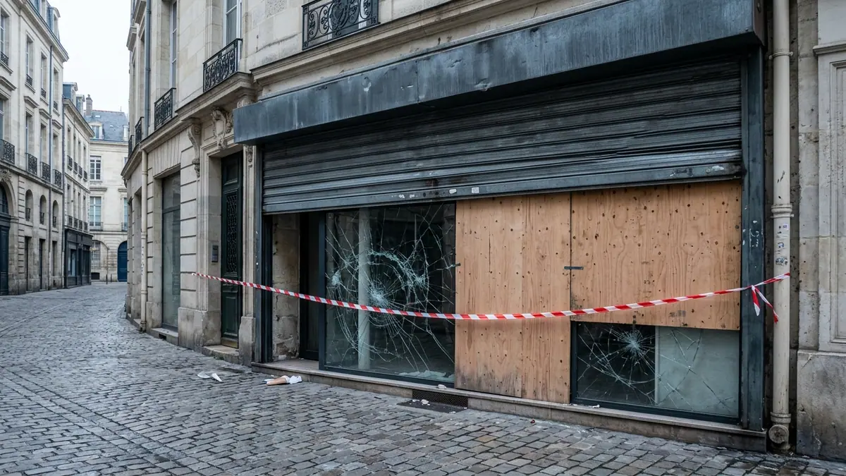 Commerces pillés lors des violences urbaines — rideau métallique abaissé, vitrine brisée protégée par des panneaux de bois et ruban de sécurité devant une boutique au petit matin.