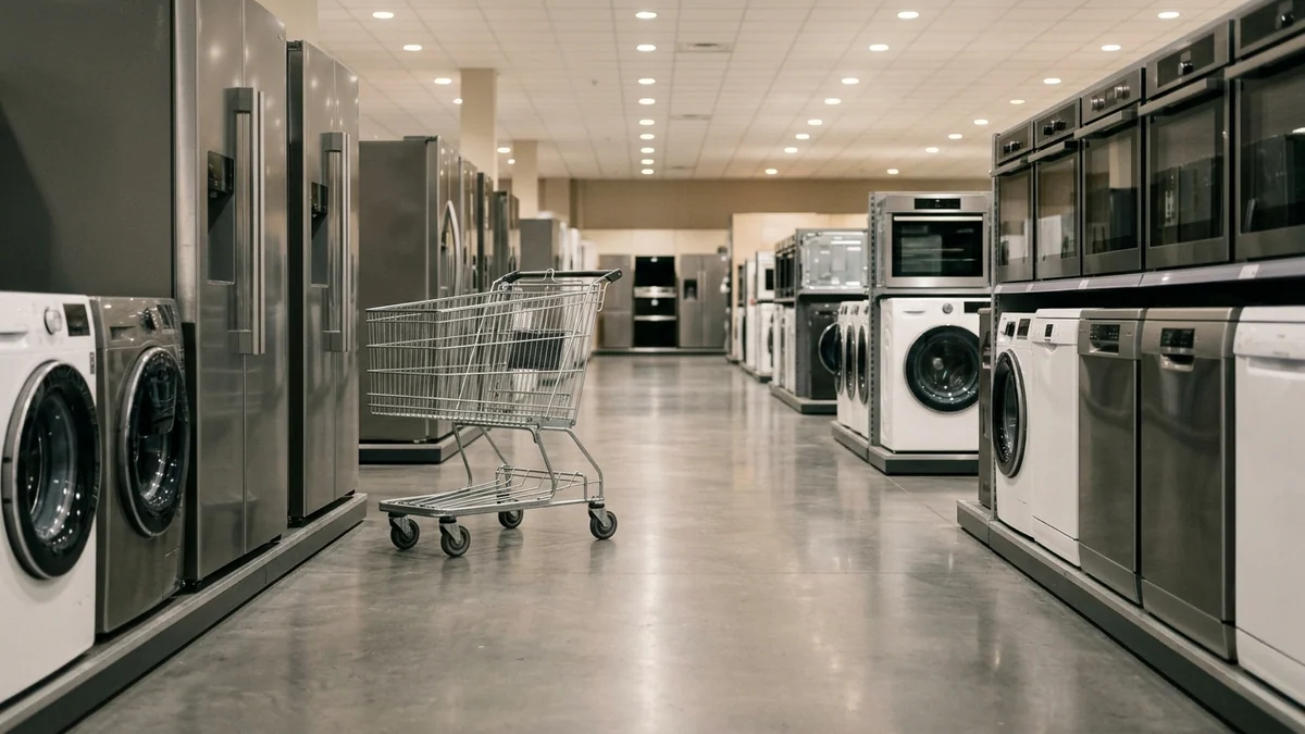 Confiance des ménages français au plus bas — rayon d'électroménager d'un magasin d'équipement, appareils neufs alignés et chariot vide dans l'allée centrale.