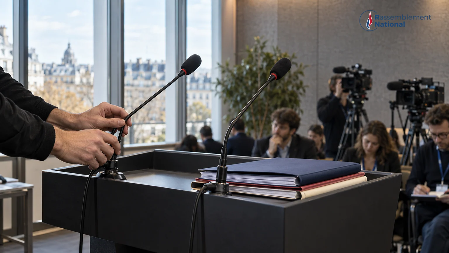 Contre-budget du Rassemblement national — pupitre de conférence, microphones, dossiers fermés et logo officiel du parti sur le mur d’une salle de presse française.