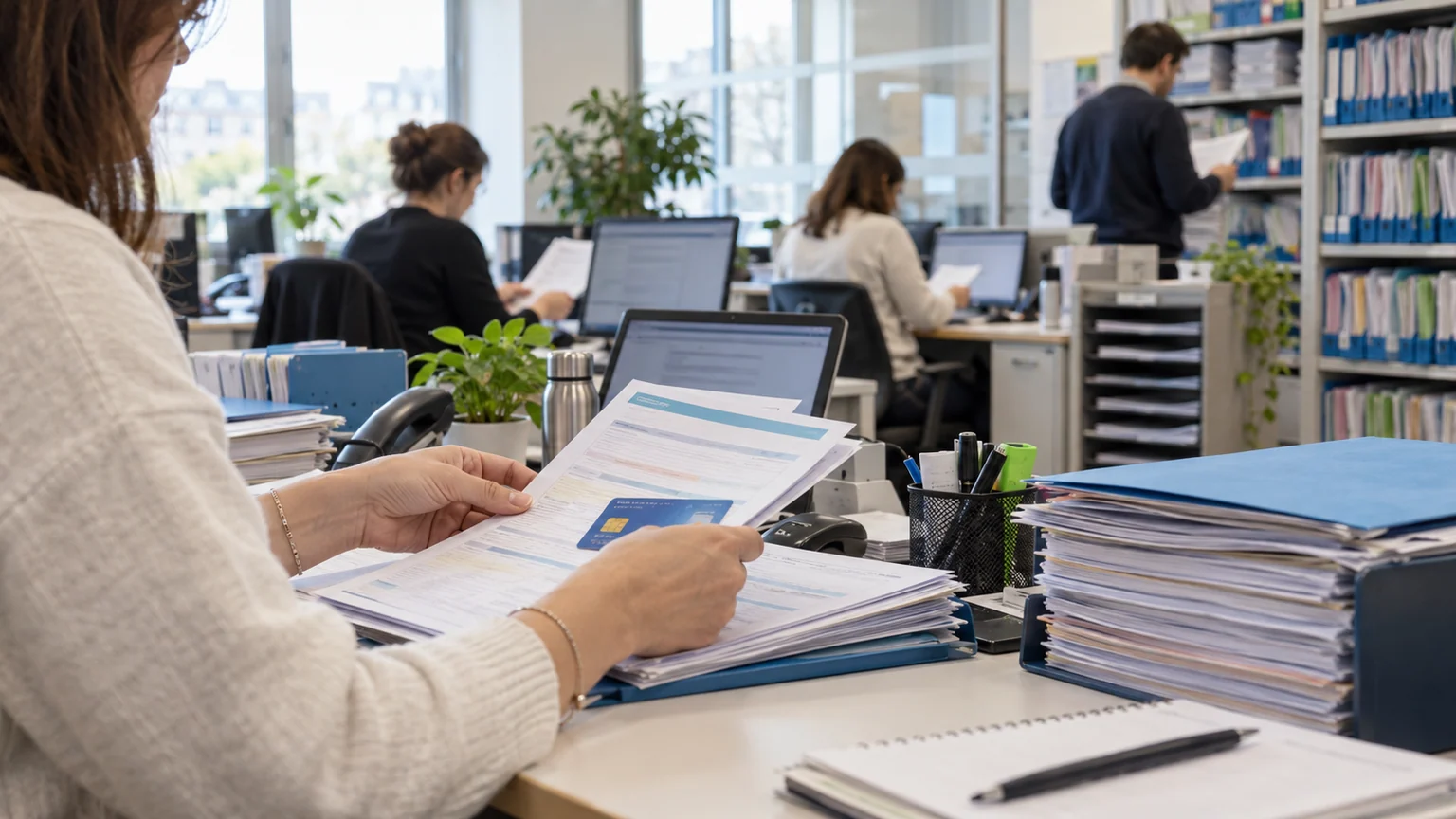 Contribution des mutuelles pour 2027 — centre de gestion français où des employés trient des dossiers de remboursements et consultent des écrans abstraits.