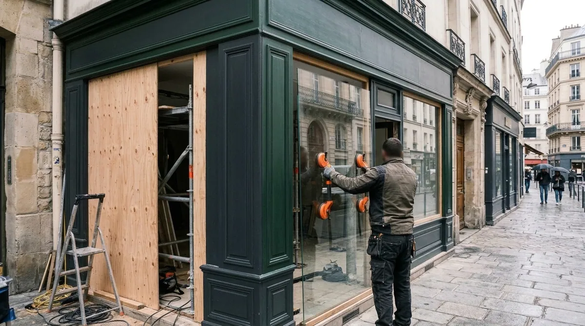 Prélèvement obligatoire sur les contrats d'assurances — artisan vitrier posant une baie vitrée sur la devanture en bois vert d'un commerce parisien au petit matin.