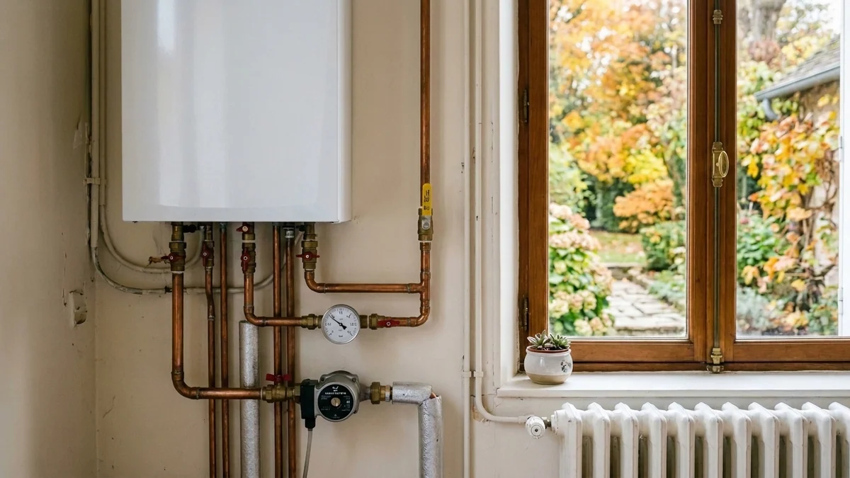 Cours du gaz européen et chauffage domestique — chaudière murale moderne, tuyauteries en cuivre et radiateur en fonte sous une fenêtre d'automne.
