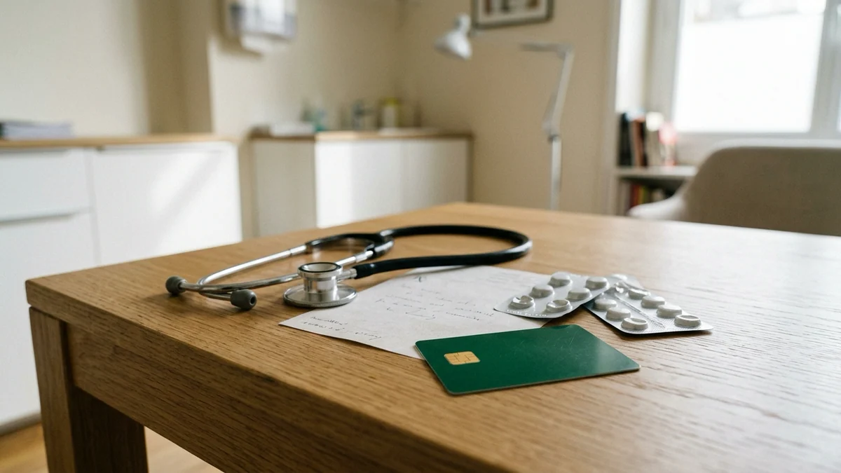 Prise en charge des affections de longue durée — ordonnance médicale, stéthoscope, carte de santé verte et plaquettes de comprimés sur une table de consultation en bois clair.