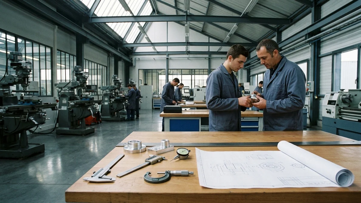 Budget 2027 et financement du CPF pour les métiers en tension — établi avec outillage de précision, pièces usinées et formateur guidant un stagiaire dans un atelier d'usinage.