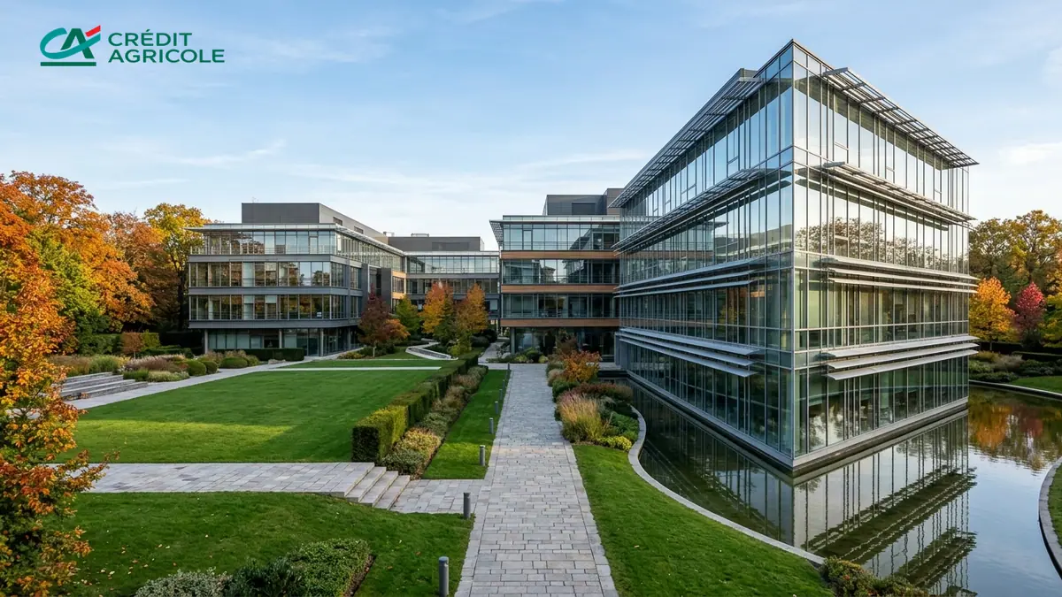 Résultats financiers de Crédit Agricole — façades vitrées contemporaines du campus de bureaux Evergreen à Montrouge, pelouses arborées et logo officiel placé en haut à gauche.