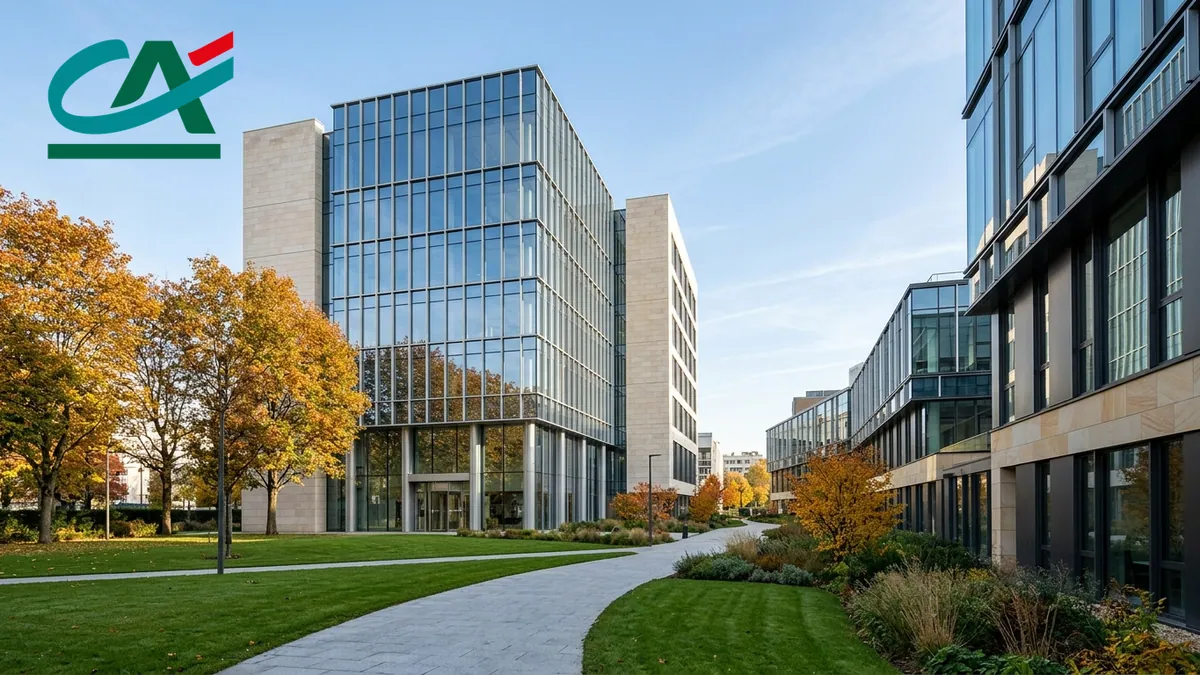 Résultats trimestriels de Crédit Agricole — bâtiments contemporains du siège à Montrouge, façades vitrées et logo officiel intégré en haut à gauche.