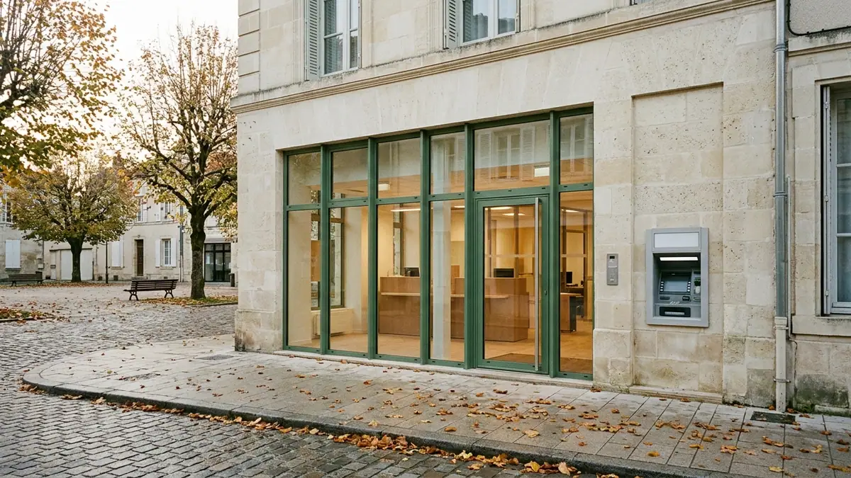 Crédit Agricole et hausse des salaires — façade vitrée d’une agence bancaire aux menuiseries vert sombre avec distributeur automatique extérieur en lumière matinale d’automne.