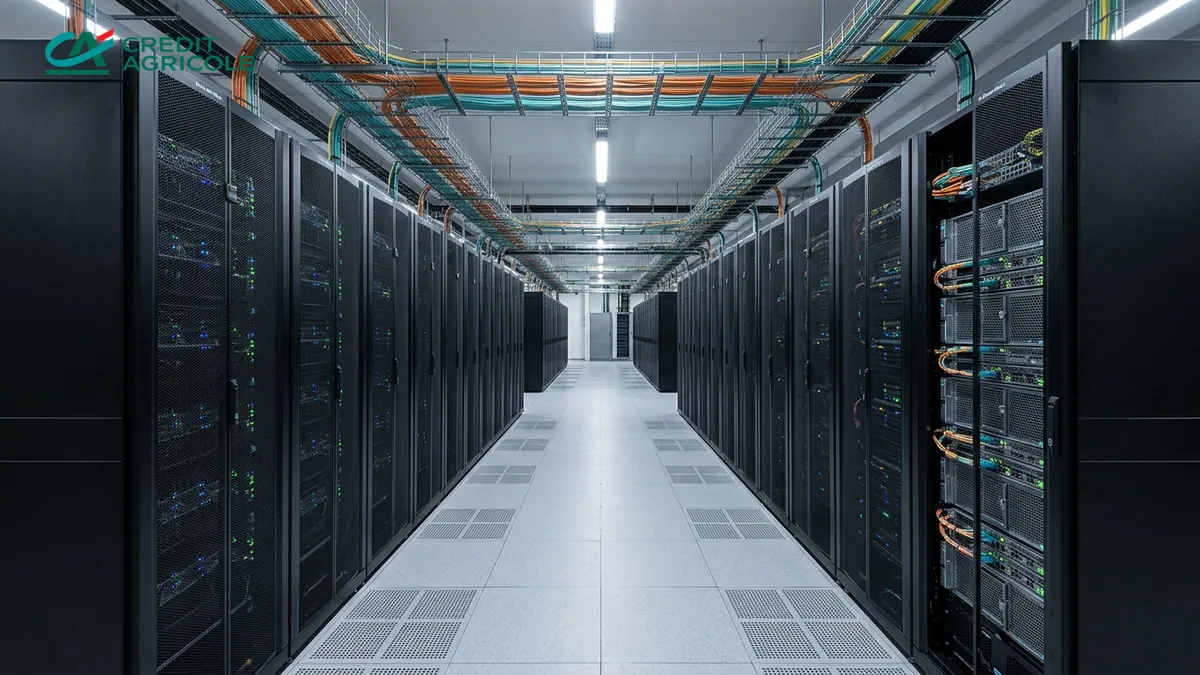 Partenariat technologique et bancaire — allée centrale d'un centre de données avec baies de serveurs informatiques et logo officiel du Crédit Agricole en surimpression.