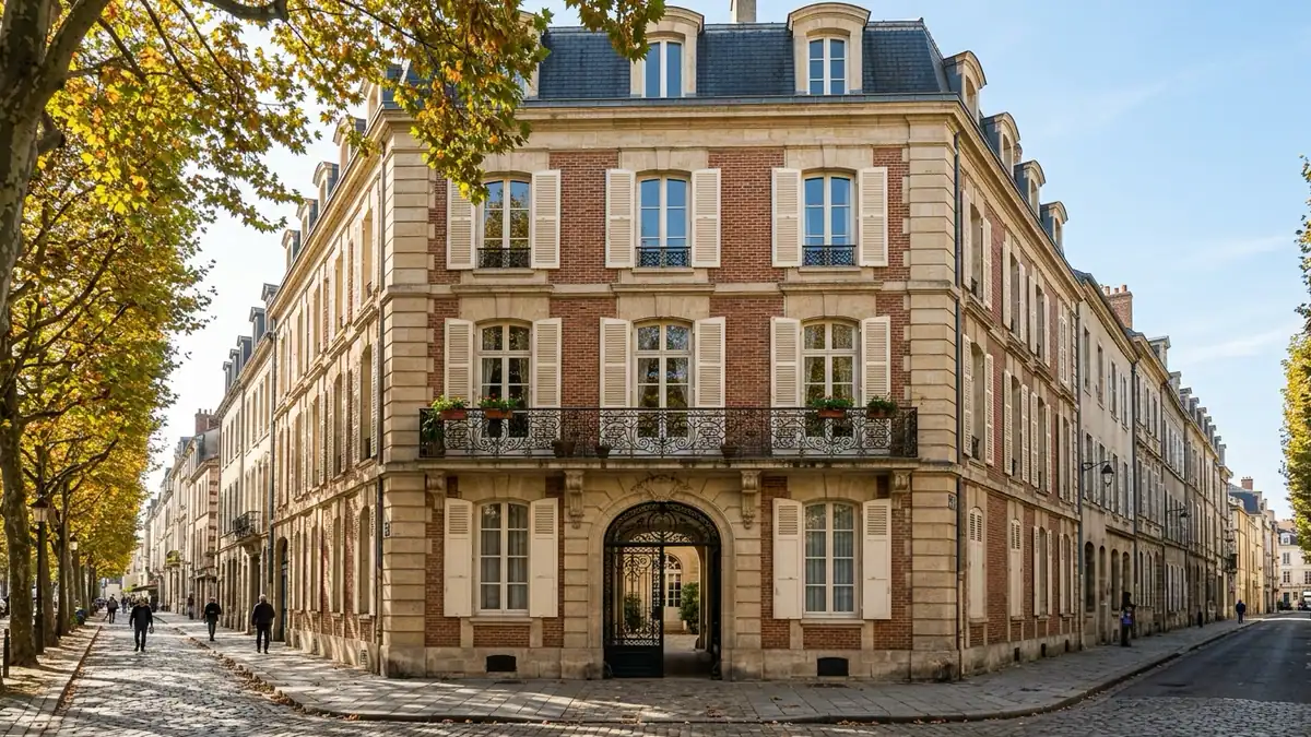 Crédit immobilier et remontée du taux moyen en France — façade d’un immeuble d’habitation en pierre et brique avec balcon en fer forgé, portail ouvert et rue arborée d’automne.