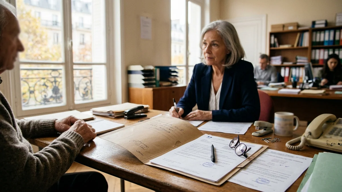 Cumul emploi-retraite en France — entretien au bureau d'une conseillère administrative avec dossier ouvert, formulaires imprimés et lunettes de vue.