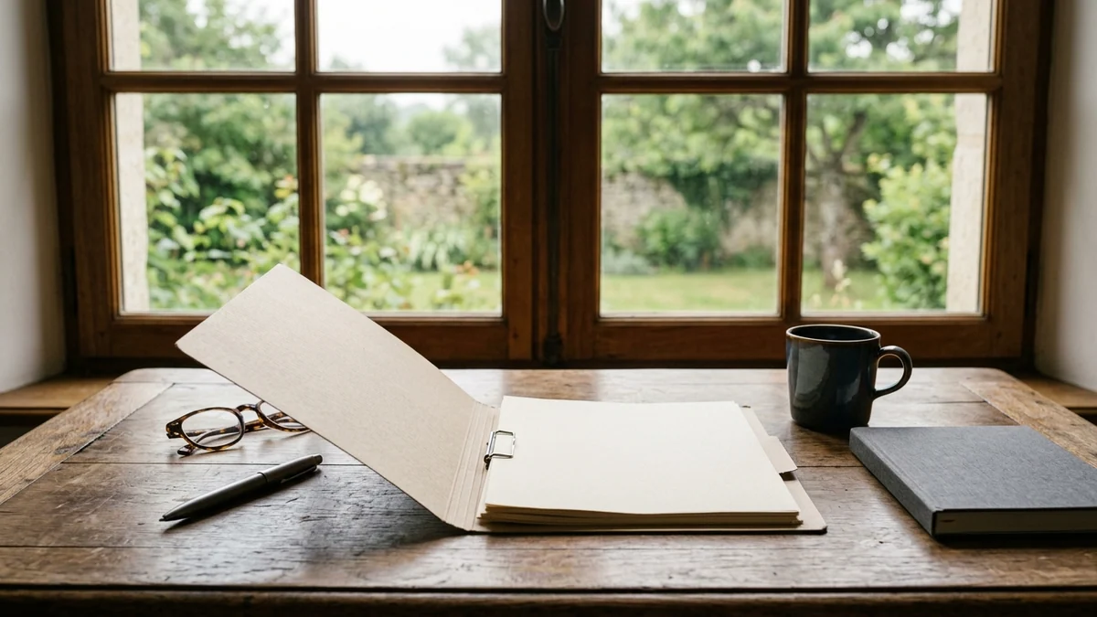 Réforme du cumul emploi-retraite — dossier cartonné ouvert, feuilles vierges, stylo métallique et lunettes de lecture sur un bureau en bois baigné de lumière matinale.