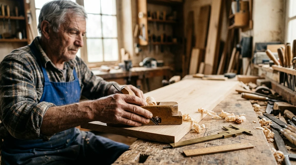 Reprise d’activité professionnelle et retraite — mains d’un artisan expérimenté rabotant une planche de chêne massif dans un atelier de menuiserie lumineux.