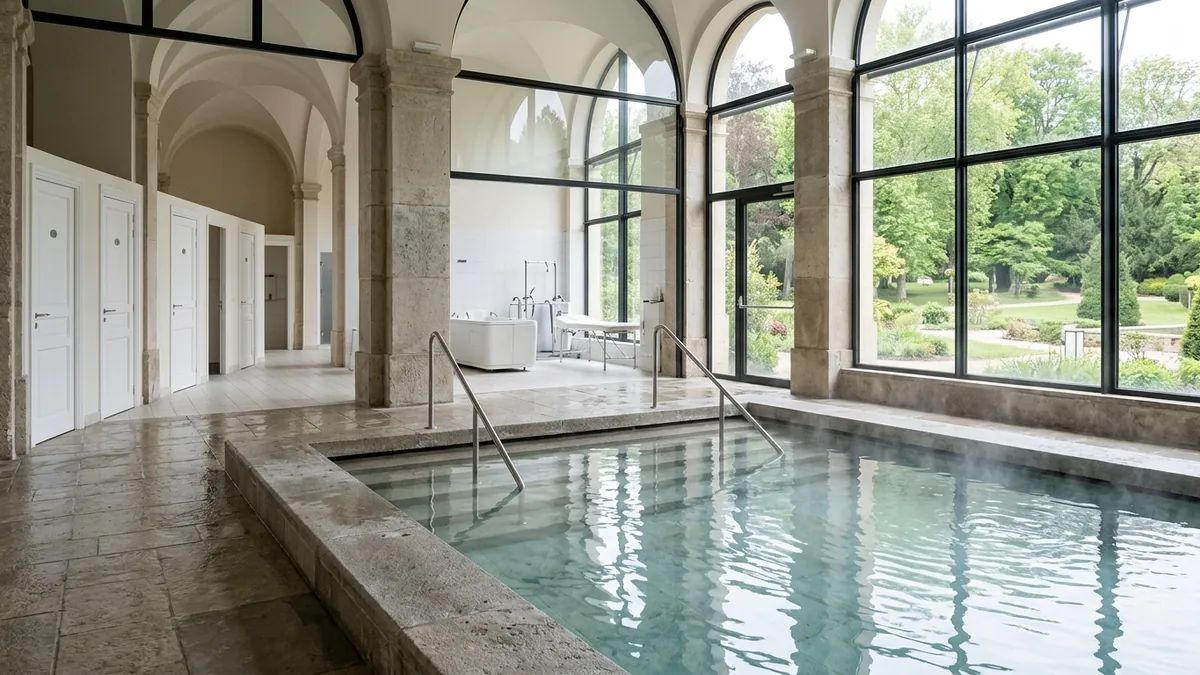 Cures thermales en France — bassin intérieur d'eau minérale fumante, rampes en inox et baies vitrées ouvrant sur un parc arboré.