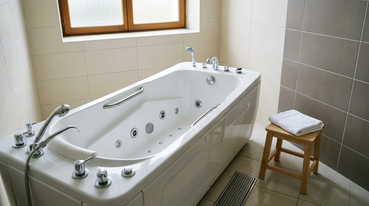 Prise en charge des cures de rhumatologie — cabine individuelle d'hydrothérapie avec baignoire à jets, rampes de maintien et serviette pliée.