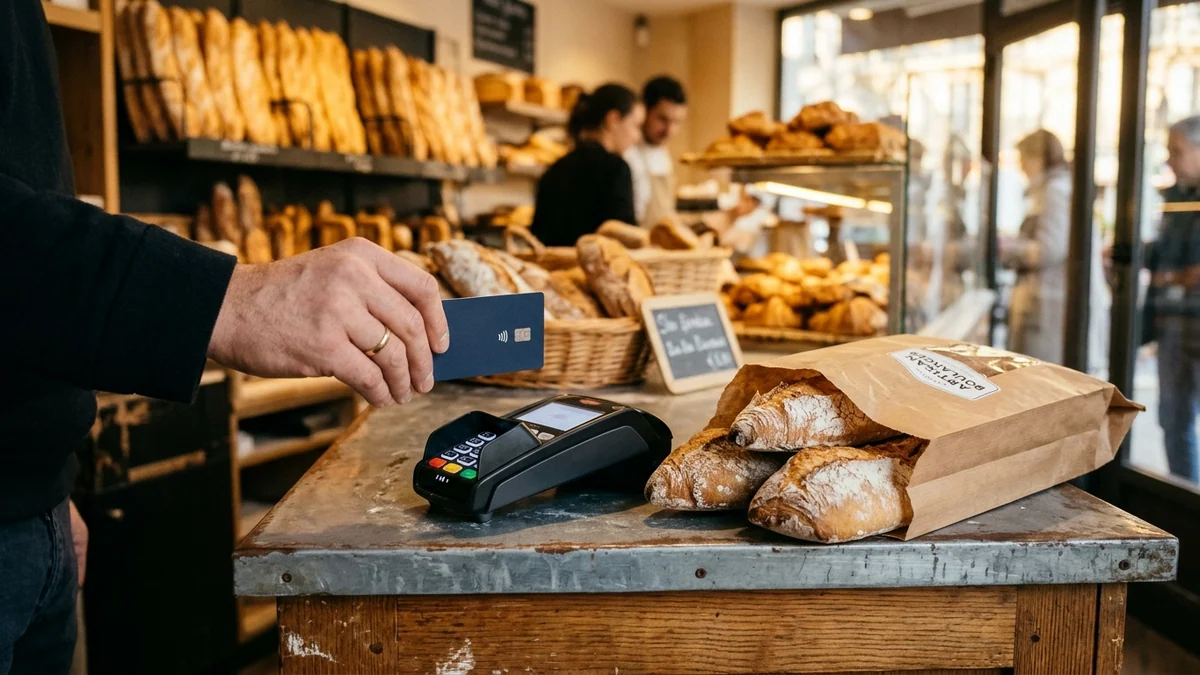Découvert bancaire des ménages — terminal de paiement sur un comptoir de boulangerie avec une carte sans contact approchée près d'un sachet de baguettes.