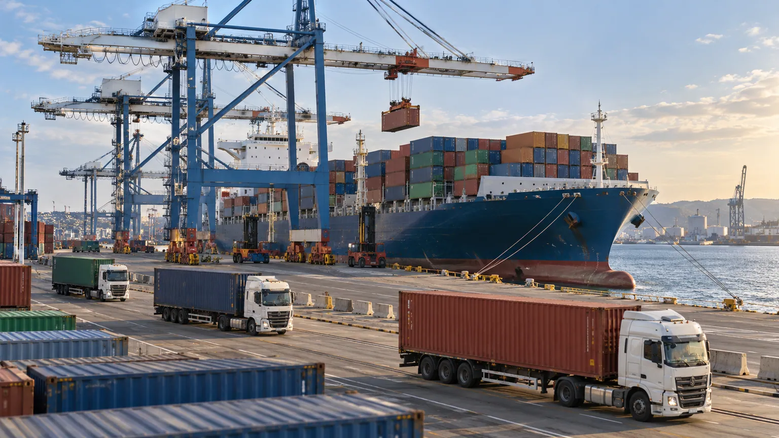 Déficit commercial français — porte-conteneurs à quai, grues de manutention et camions de fret sur un terminal portuaire au soleil couchant.