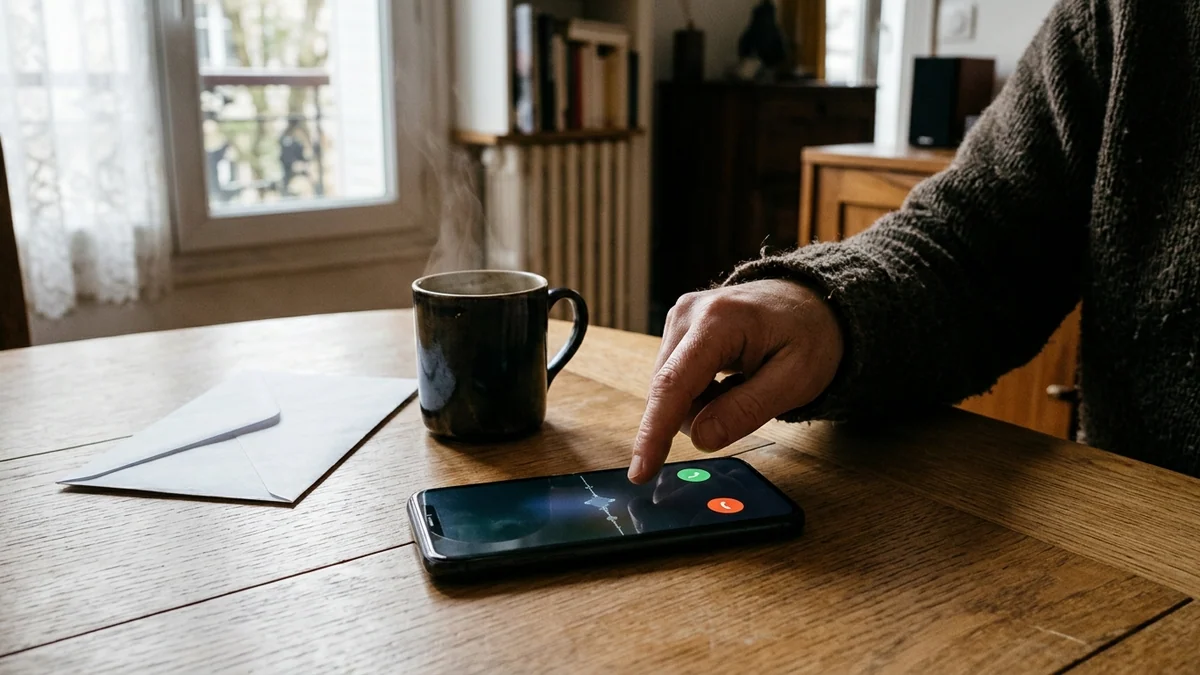 Démarchage téléphonique à domicile — smartphone vibrant sur une table en bois avec appel entrant, tasse de café et main prête à rejeter la communication.
