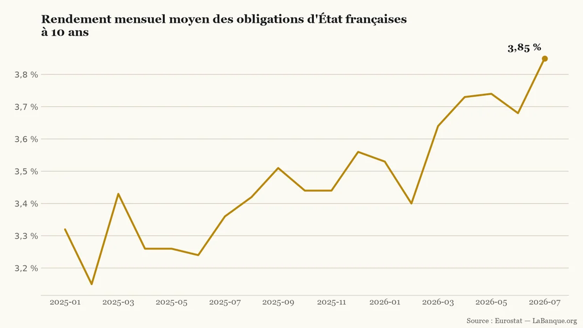 Rendement des obligations d'État françaises à dix ans de janvier 2025 à juillet 2026 : après un point bas à 3,15 %, la moyenne remonte jusqu'à 3,85 %.