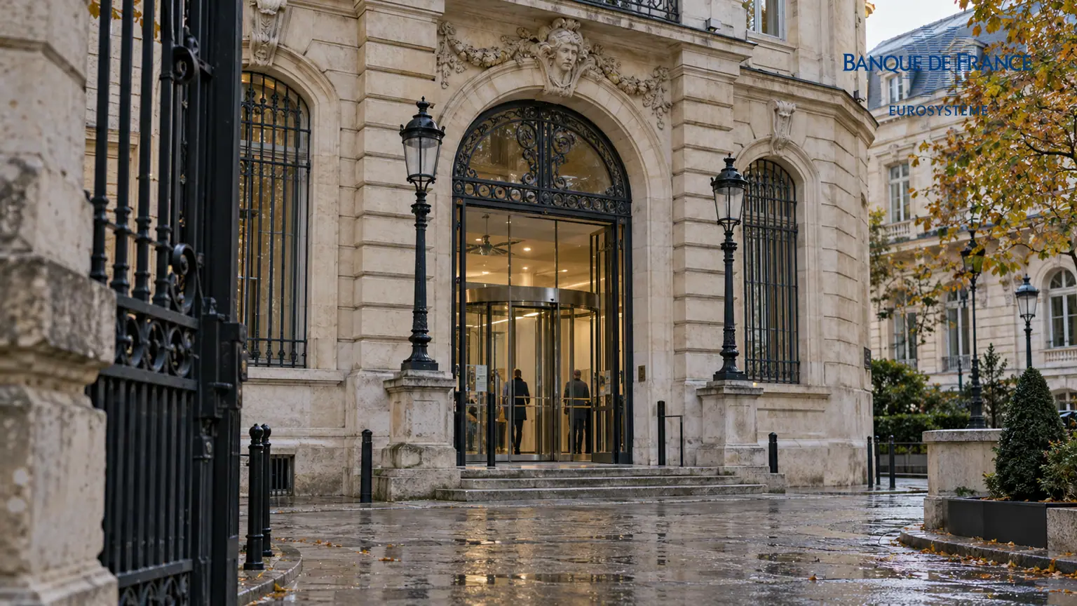 Dette française face au coût des taux — entrée néoclassique parisienne en pierre et métal, vitrage sécurisé et logo officiel de la Banque de France en haut à droite.