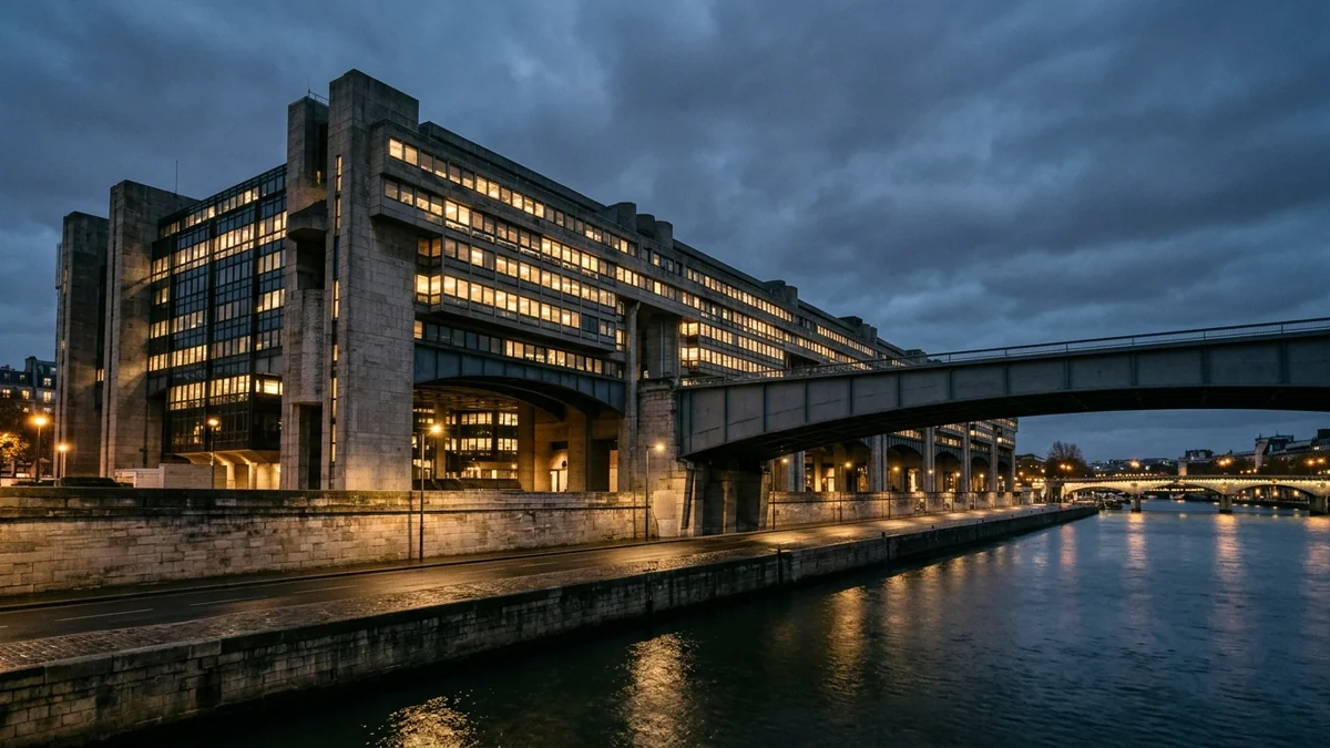 Dette souveraine de la France — bâtiment du ministère de l'Économie et des Finances à Bercy éclairé au crépuscule le long de la Seine.