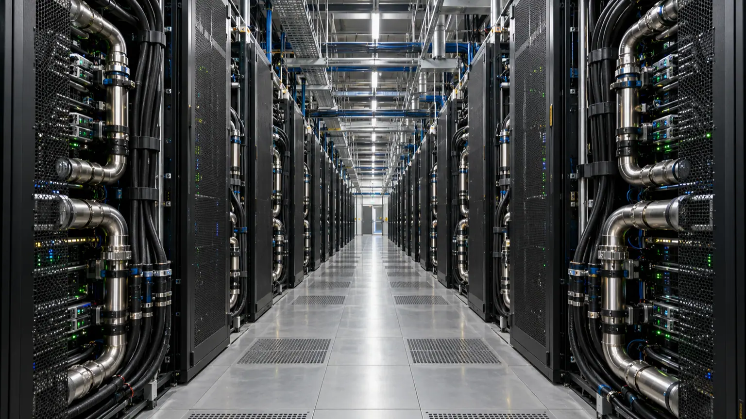 Dette de l'IA sur les taux — centre de données avec rangée centrale de serveurs de calcul intensif, conduites de refroidissement liquide et câbles de puissance.