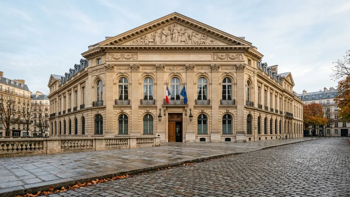 Tension sur la dette publique française — hôtel institutionnel en pierre de taille avec fronton sculpté, drapeaux officiels et pavés parisiens en automne.