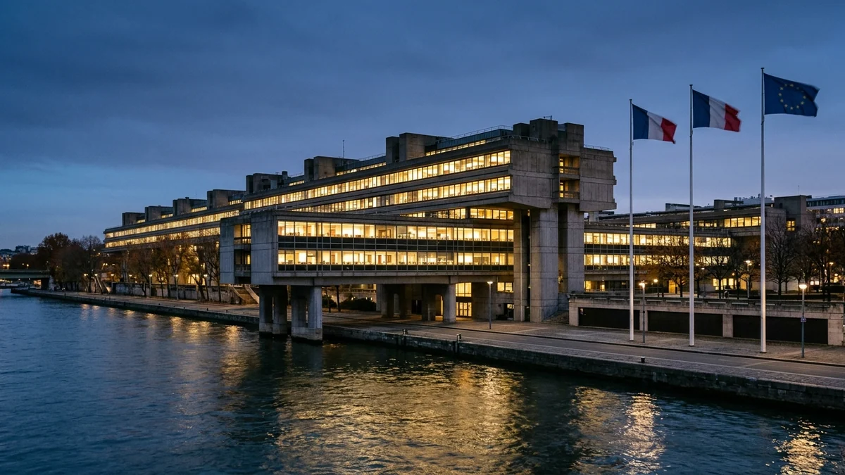 Dette souveraine de la France — façade en béton et verre du ministère de l'Économie à Bercy surplombant la Seine au crépuscule d'automne, fenêtres éclairées et drapeaux sur le parvis.