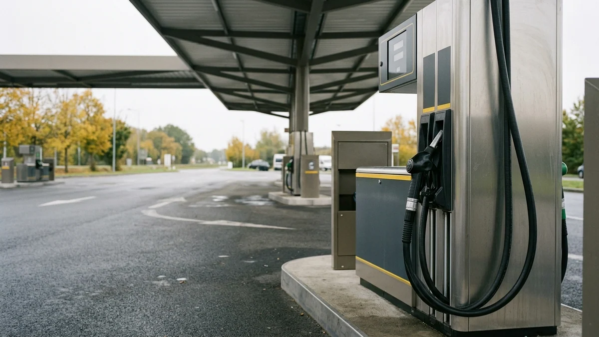 Prix du diesel sur autoroute en France — borne de distribution sous un auvent moderne, pistolet noir enclenché sur son socle et piste détrempée.