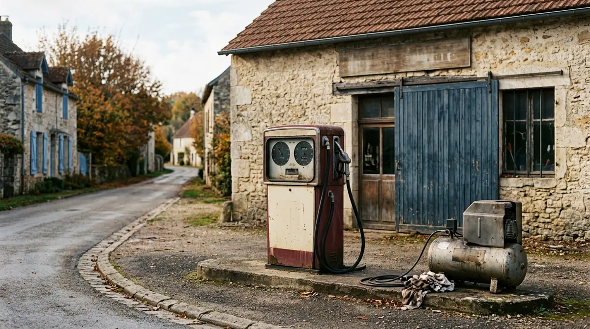 Diesel et marge des stations rurales — pompe mécanique ancienne sur trottoir étroit devant l'atelier en pierre d'un garage de village.