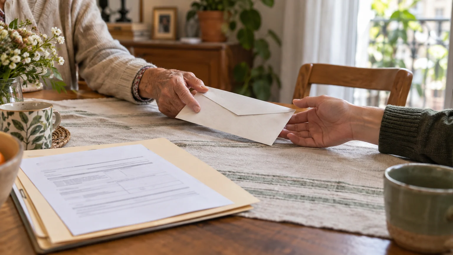 Don familial — deux générations se transmettent une enveloppe devant un dossier administratif français aux mentions illisibles.