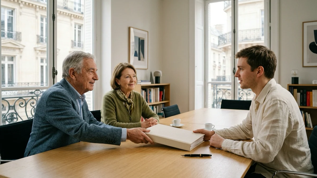 Dons familiaux et exonération votée à l'Assemblée — dans une étude notariale parisienne, un couple de seniors remet un dossier relié à un trentenaire autour d'une table en bois clair.