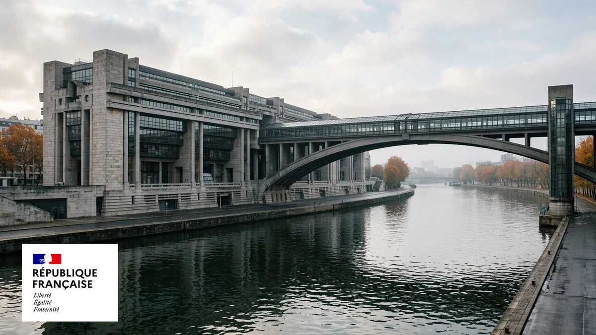 Effort budgétaire face à la dette publique — façade du ministère de l'Économie à Bercy au bord de la Seine, bloc officiel avec la Marianne en incrustation.