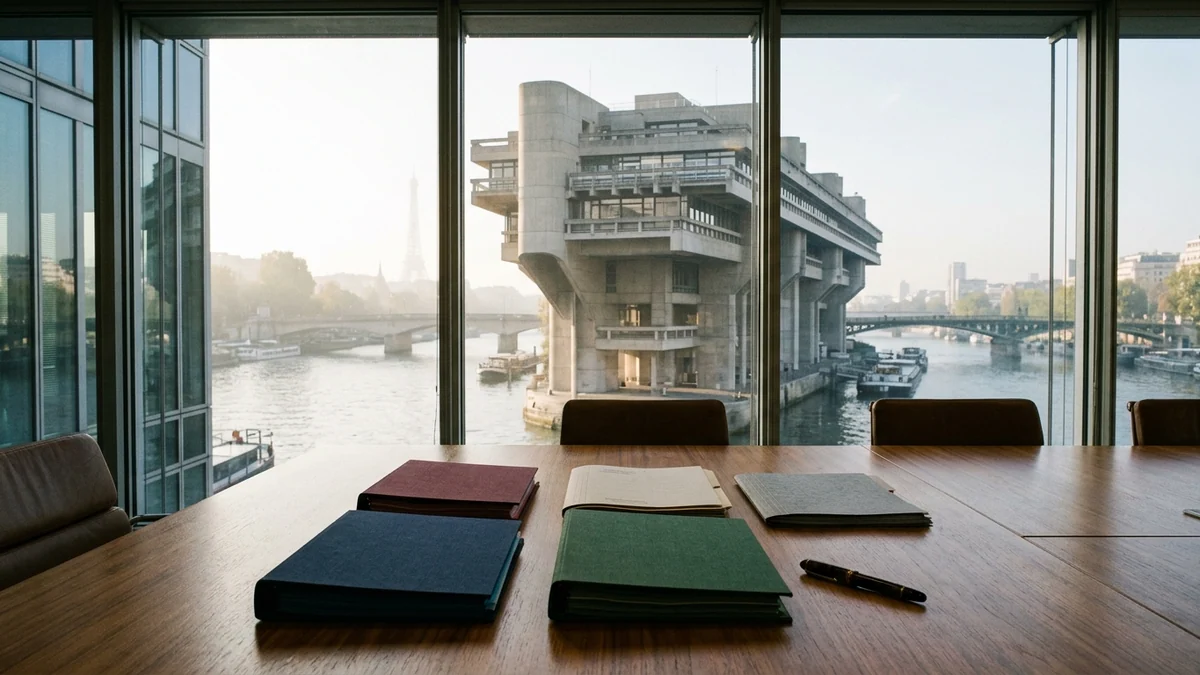 Budget 2027 et trajectoire des finances publiques — bâtiment ministériel de Bercy vu depuis une salle de réunion avec dossiers administratifs sur une table au petit matin.