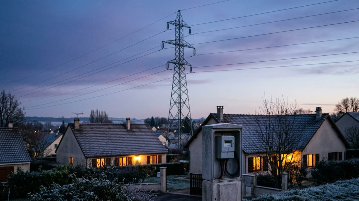 Tarifs de l’électricité bloqués cet hiver — pylône, lignes haute tension et coffret de comptage au crépuscule devant des pavillons aux fenêtres éclairées.