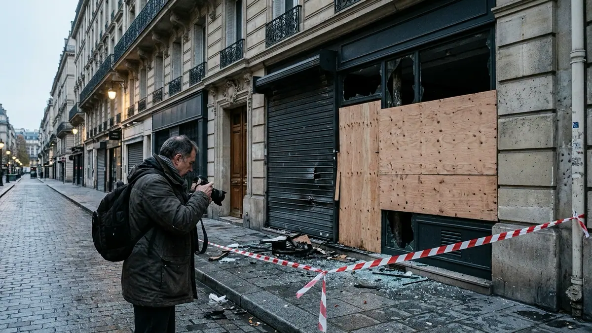 Dégâts d'émeutes dans les commerces — vitrine fissurée protégée par des panneaux de bois clair, bris de verre et ruban de sécurité au petit matin.