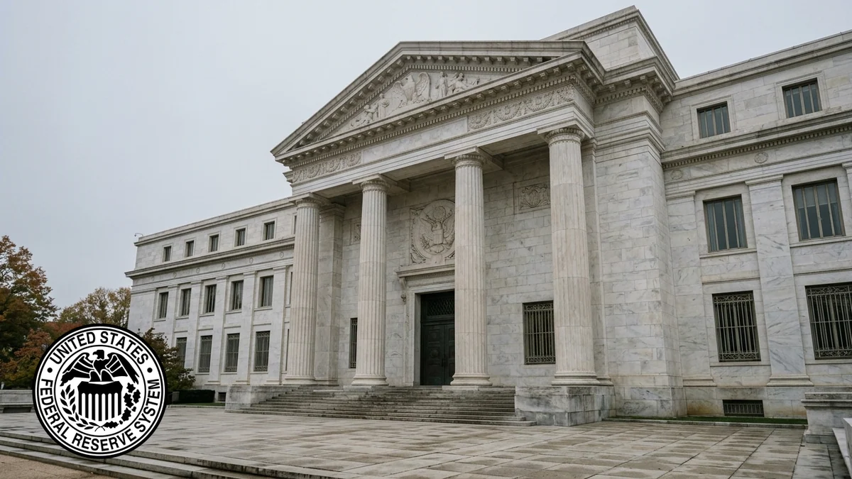 Taux directeurs de la Réserve fédérale et emploi américain — façade néoclassique en marbre blanc du bâtiment Eccles à Washington, sceau officiel de la banque centrale intégré en incrustation.