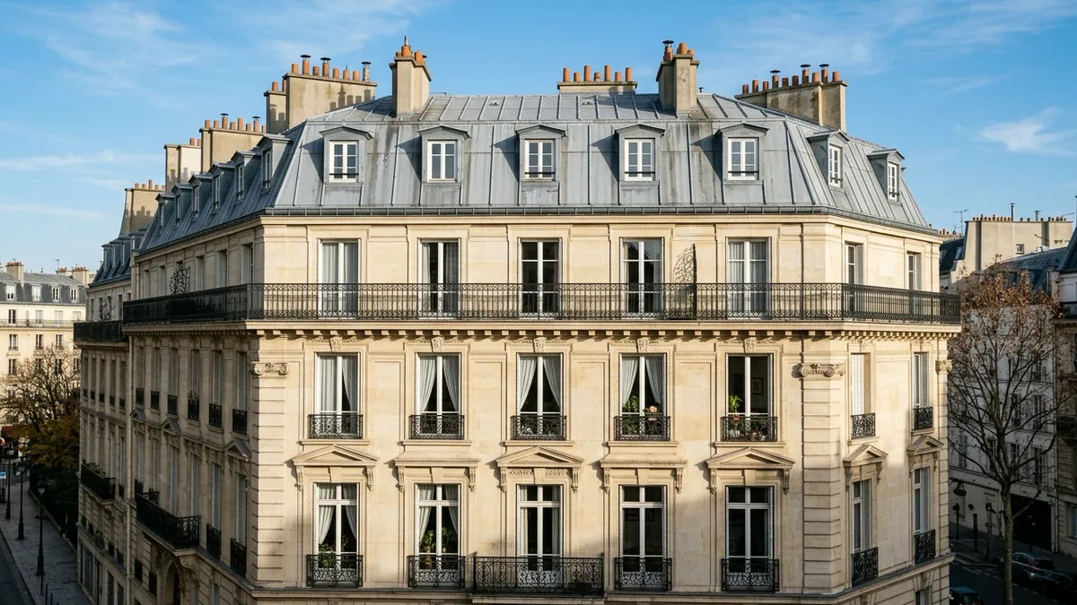 Encadrement des loyers évalué par la Cour des comptes — façade d'immeuble haussmannien parisien en pierre de taille, grands balcons en fer forgé et lucarnes sous un toit en zinc au soleil.
