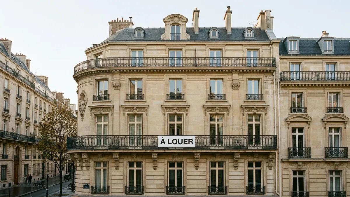 Encadrement des loyers à Paris — façade d'un immeuble haussmannien en pierre de taille avec balcons en fer forgé et banderole À Louer.