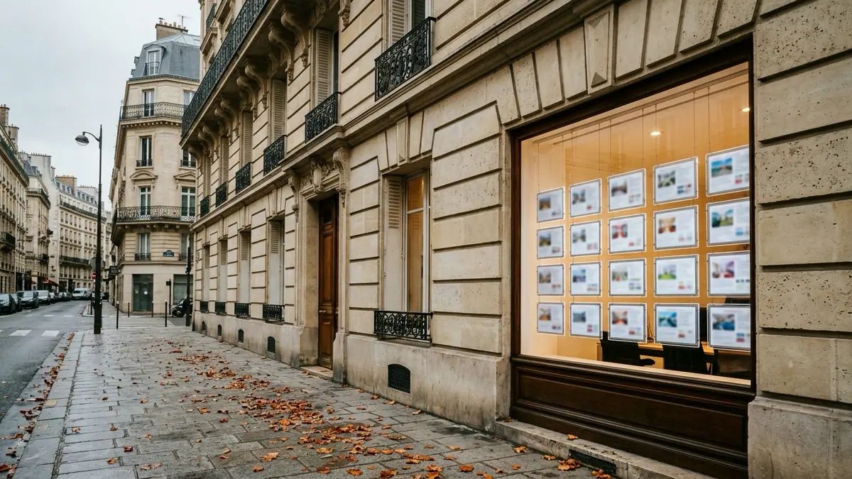 Encadrement des loyers dans les métropoles — façades d'immeubles haussmanniens en pierre de taille et vitrine d'agence immobilière en automne.