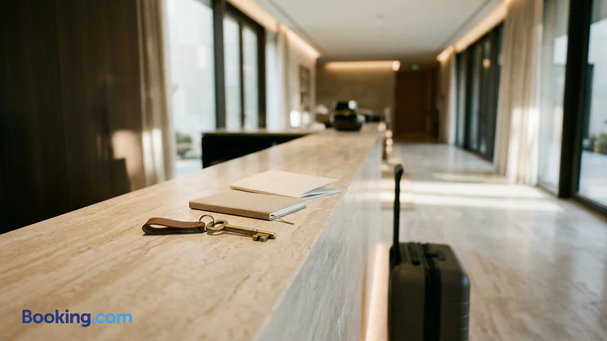 Séjours hôteliers réservés sur la plateforme Booking — comptoir d'accueil en marbre clair avec clés de chambre en laiton, carnet de voyage, valise cabine et logo officiel de la marque.