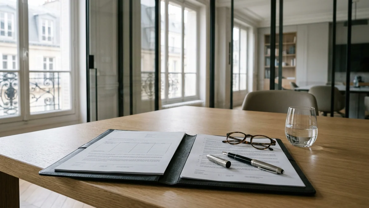 Contrats d’épargne et d’assurance-vie — dossier de souscription ouvert sur une table en chêne avec stylo-plume et lunettes de lecture sous la lumière d'une verrière.