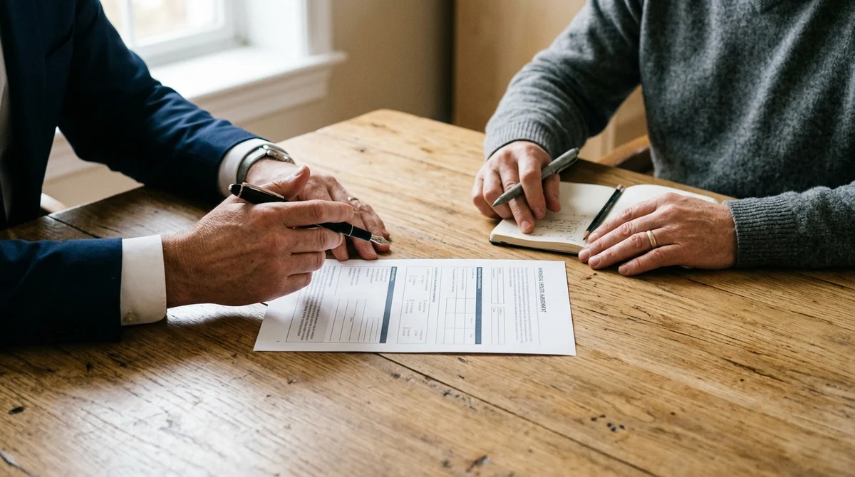 Devoir de conseil financier — mains d’un conseiller et d’un client échangeant autour d’un questionnaire d’évaluation sur un bureau en bois.