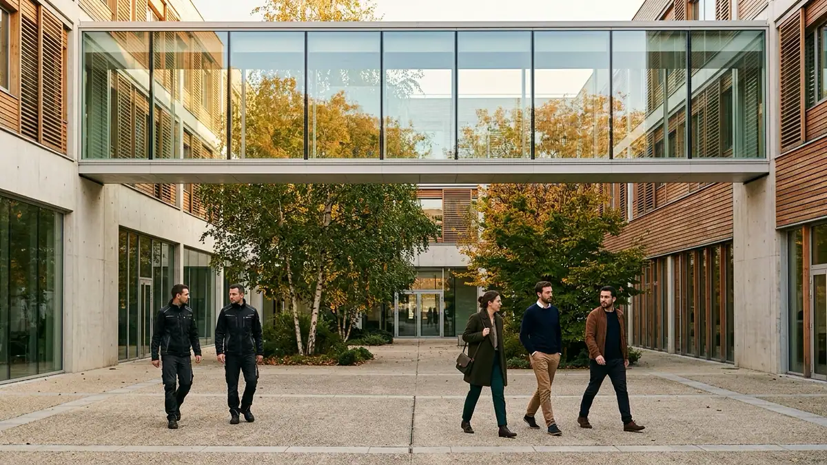 Épargne salariale et retraite d'entreprise en France — cour intérieure arborée et passerelle vitrée d'un site industriel et tertiaire, équipes échangeant dans la lumière d'automne.