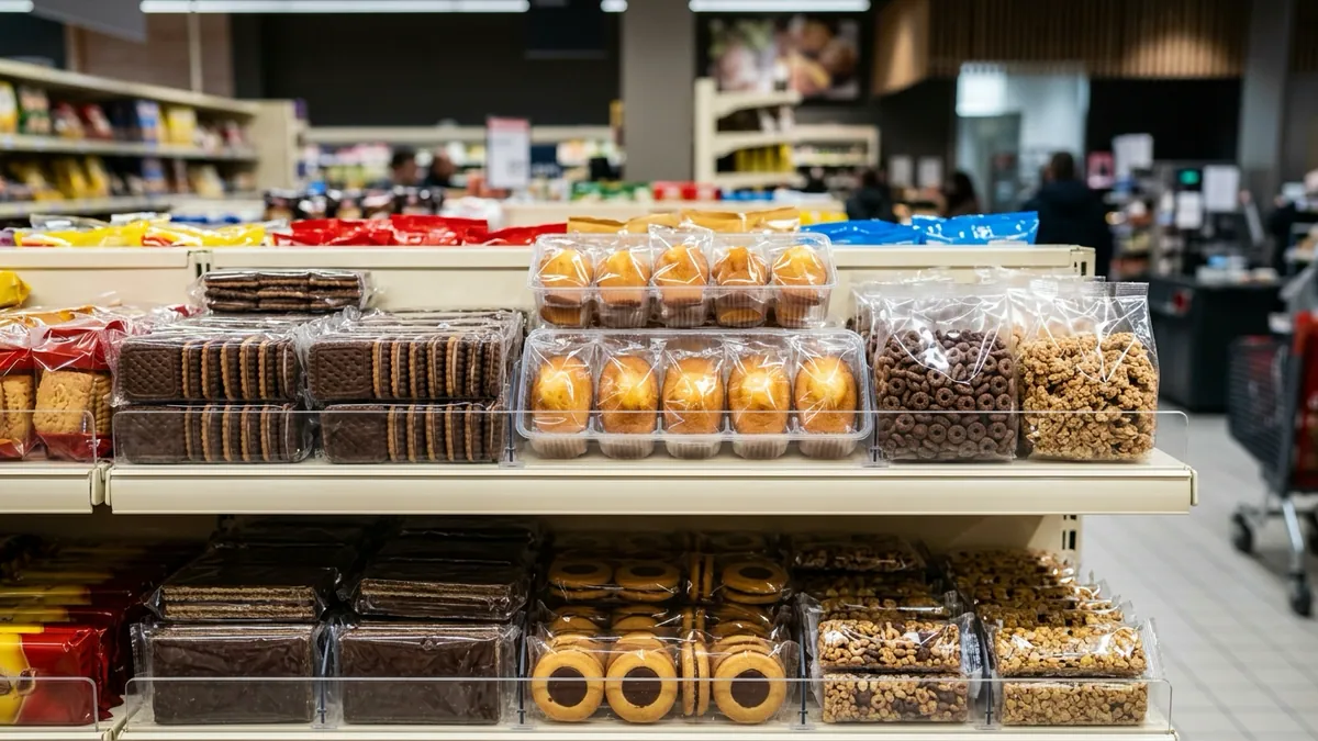 Extension de la taxe soda aux aliments sucrés — biscuits chocolatés, madeleines et céréales conditionnés sous film plastique transparent sur les étagères d'un supermarché français.