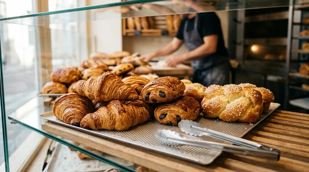 Aliments sucrés et périmètre de la taxe — croissants feuilletés, pains au chocolat et brioche tressée présentés sans emballage sur une grille en boulangerie artisanale.
