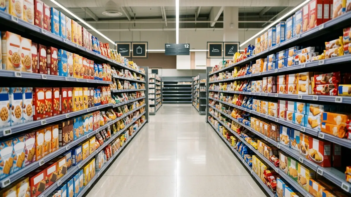 Taxe sur les produits sucrés en grande surface — rayon de supermarché français garni de paquets de biscuits et de viennoiseries industrielles sur des étagères métalliques.
