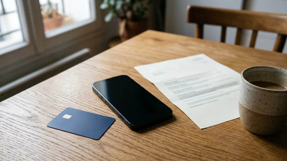 Gestion du découvert et tenue des comptes au quotidien — carte bancaire à puce, smartphone à écran noir et courrier posés sur une table en bois dans une cuisine lumineuse.